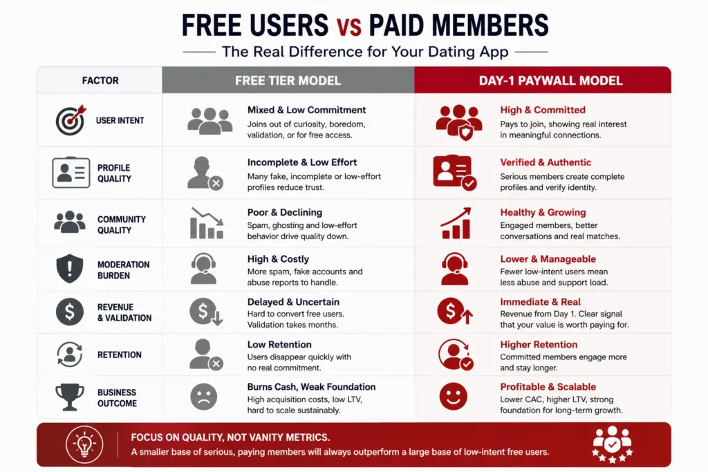Comparison of free dating app users and paid members across intent, profile quality, retention, moderation burden, and revenue validation