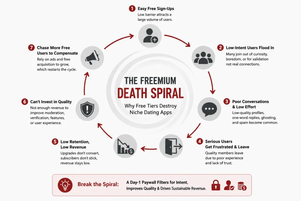 Freemium dating app death spiral showing free sign-ups leading to low-intent users, weak conversations, serious-user churn, and poor revenue