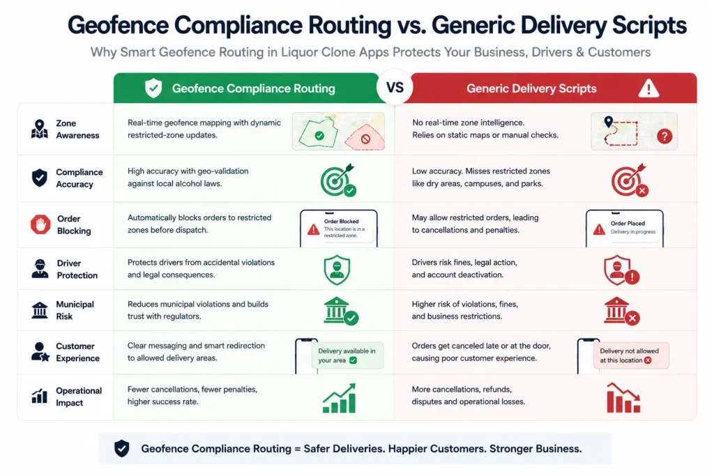 Generic delivery script versus geofence compliance routing comparison for liquor clone apps