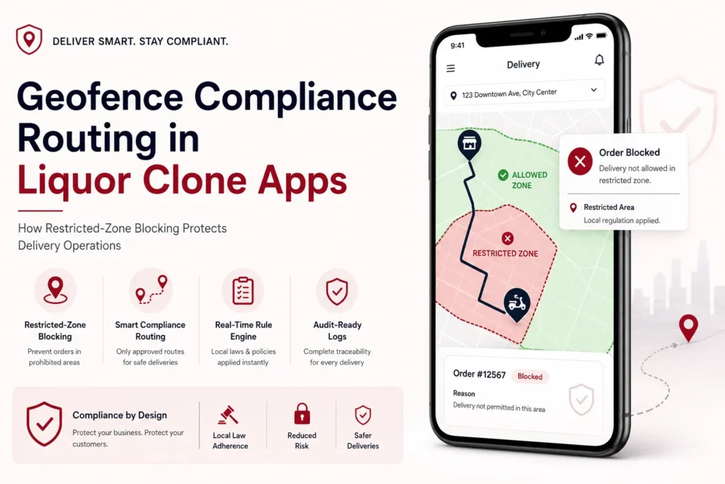 Geofence compliance routing dashboard for liquor clone app blocking restricted delivery zones