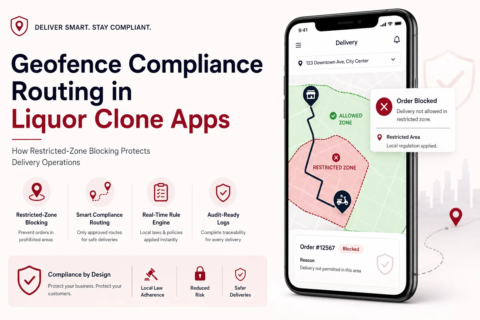 Geofence compliance routing dashboard for liquor clone app blocking restricted delivery zones