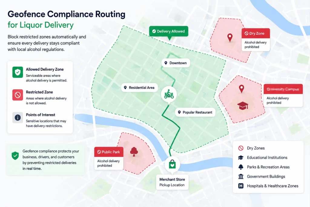 Geofence compliance routing map showing restricted alcohol delivery zones