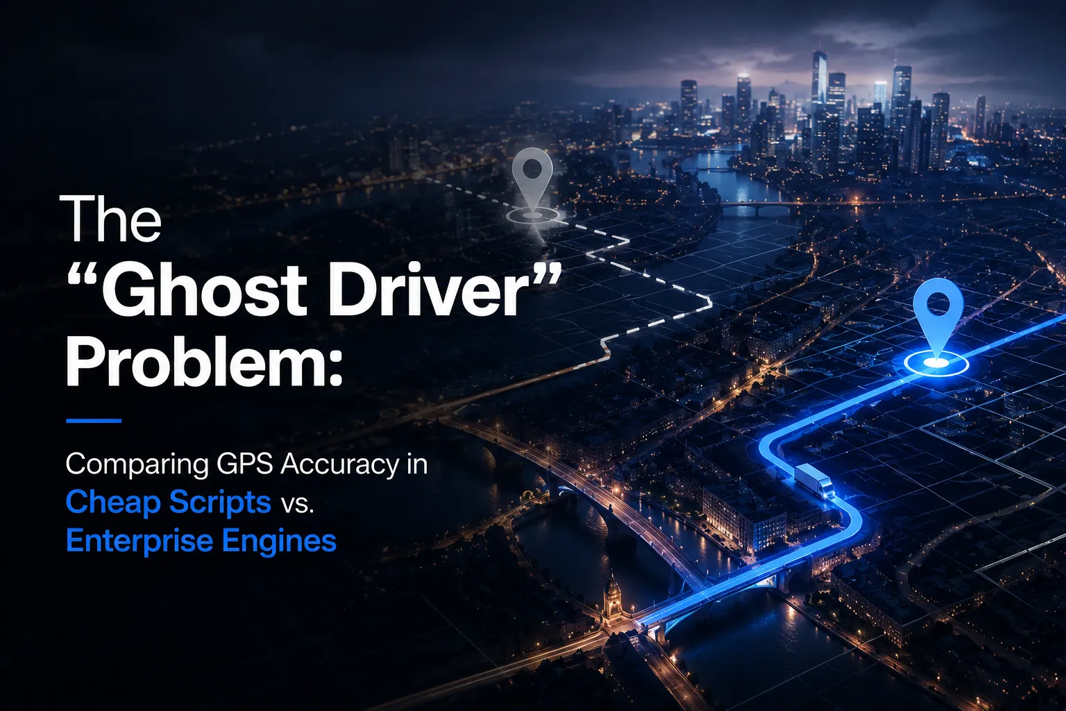 Ghost Driver problem illustration comparing GPS accuracy in cheap delivery scripts versus enterprise-grade logistics engines with real-time tracking