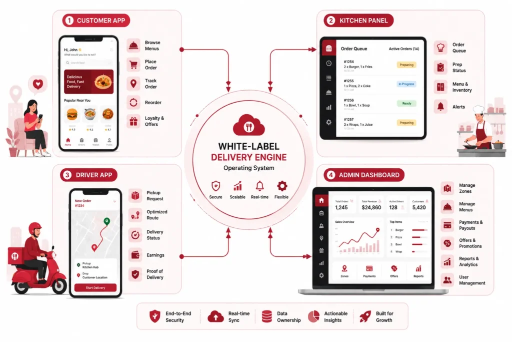 Ghost kitchen delivery app architecture with customer kitchen driver and admin panels