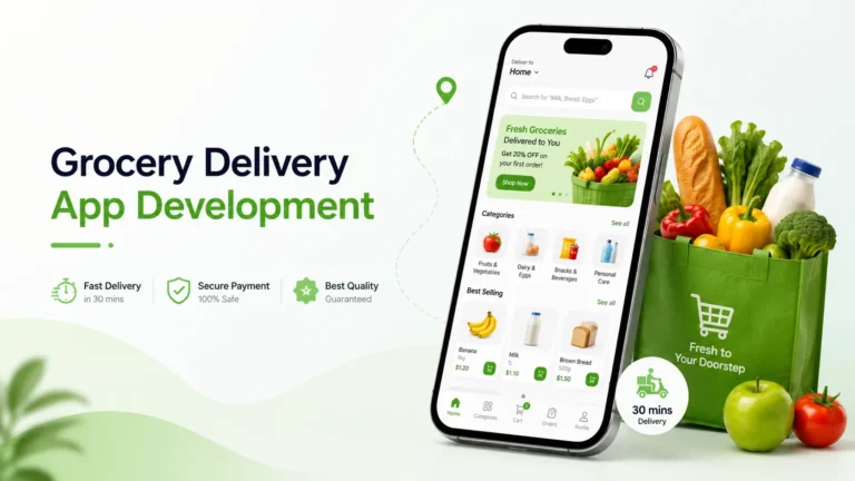 Grocery delivery app development visual showing a mobile grocery shopping app, fresh food categories, secure payment, fast delivery, cart features, and doorstep grocery delivery.