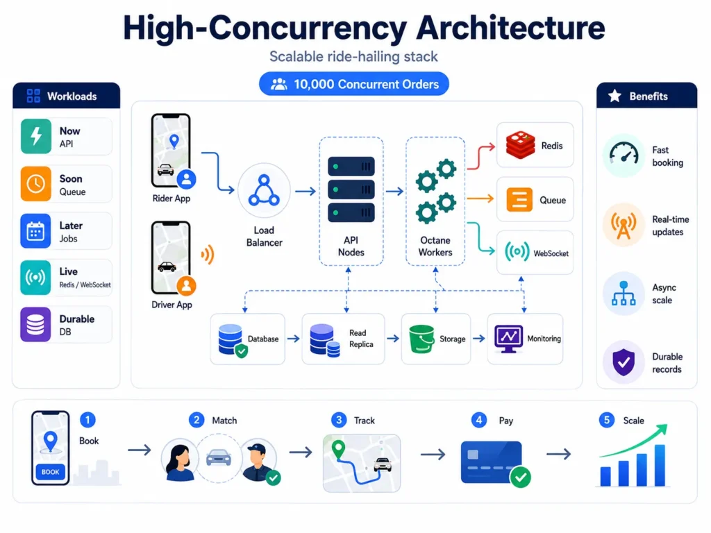 High-concurrency Uber clone architecture for 10,000 concurrent ride-hailing orders