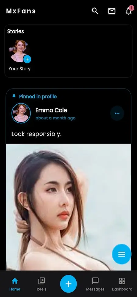 OnlyFans clone social feed with creator stories, pinned posts, premium content feed, creator profiles, and fan engagement features