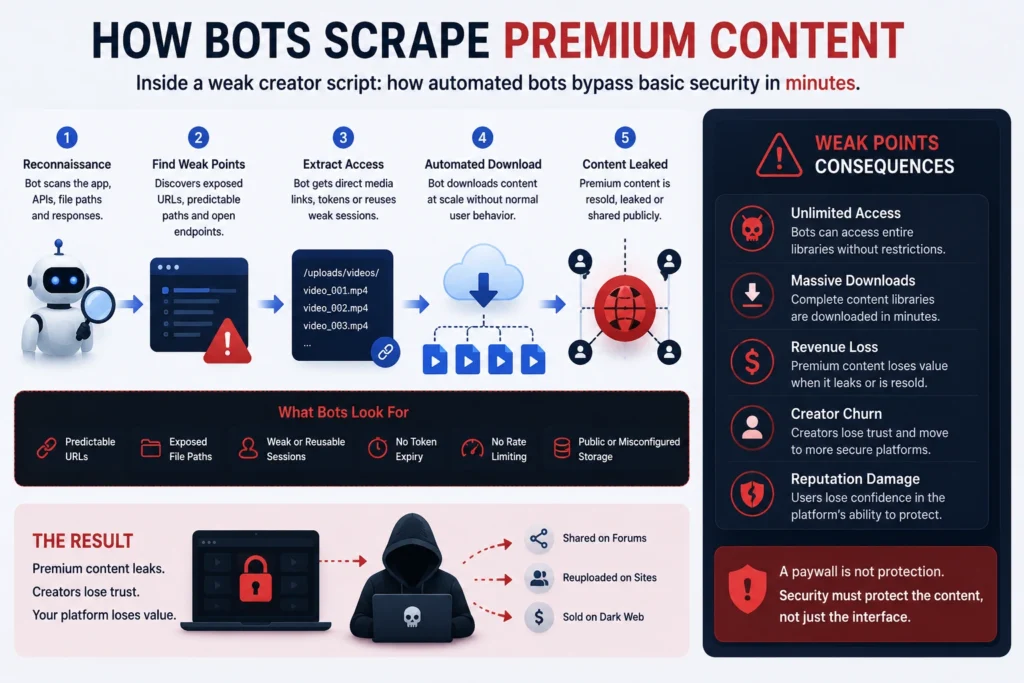 Infographic showing how bots scrape premium content through weak creator script security, exposed URLs, reusable sessions, automated downloads, and leaked media consequences.