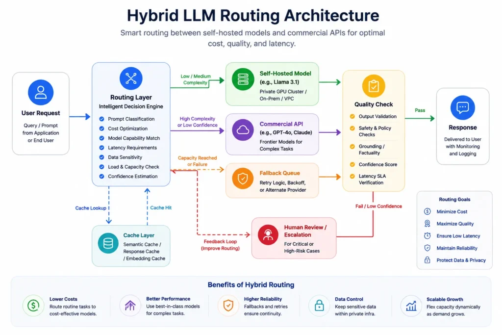 Hybrid LLM routing architecture using a self-hosted Llama model with commercial API fallback and quality checks