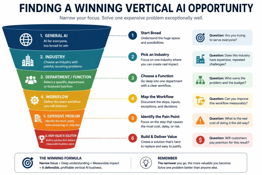 Hyper-vertical AI niche selection funnel from general AI market to one expensive enterprise workflow