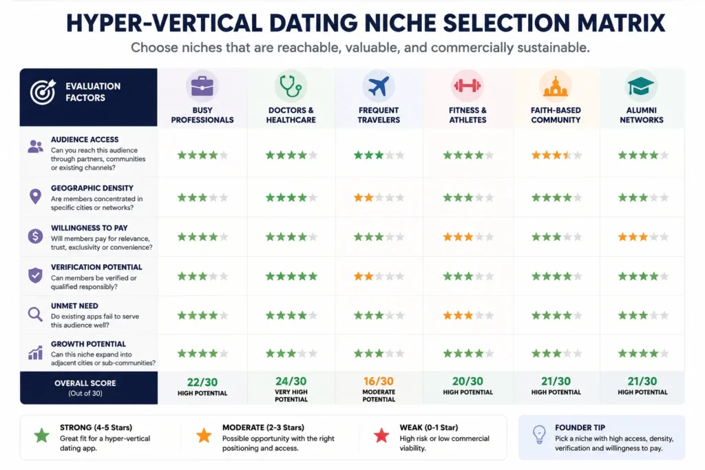 Hyper-vertical dating niche selection matrix comparing audience access, geographic density, willingness to pay, verification potential, and unmet need
