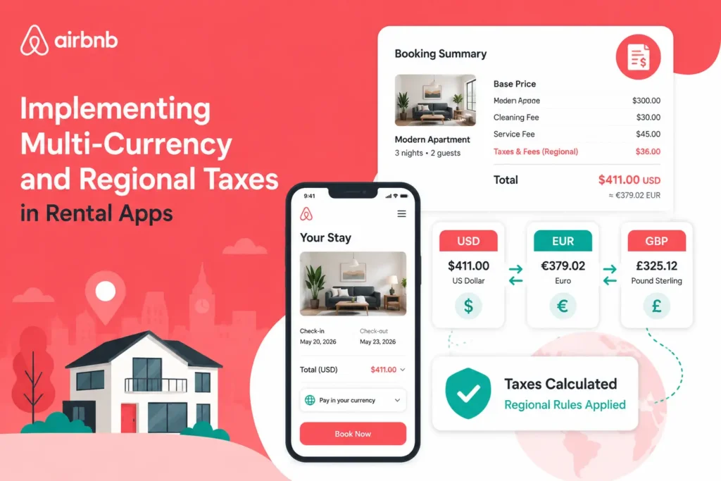 Airbnb rental app multi-currency booking and regional tax calculation workflow