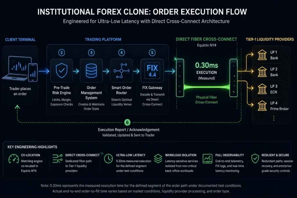 Institutional forex routing infographic comparing public internet paths with direct Equinix NY4 fiber cross-connect, showing broker servers, FIX 4.4 gateway, pre-trade risk checks, Tier-1 liquidity providers, 0.30 ms execution, low jitter, and stable performance.
