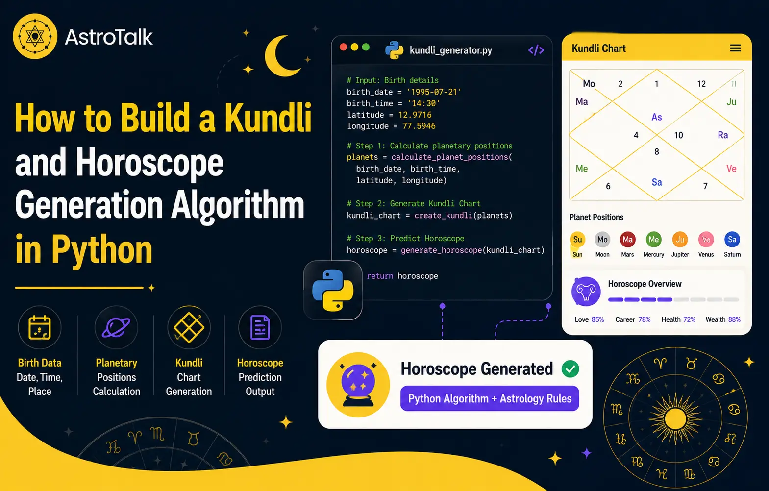 The image is a graphic that explains how to build a Kundli and horoscope generation algorithm in Python. The title of the image is "How to Build a Kundli and Horoscope Generation Algorithm in Python." 

The image has a dark blue background with yellow and white text. It includes a flowchart that outlines the steps involved in building a Kundli and horoscope generation algorithm, including collecting birth details, calculating planetary positions, generating a Kundli chart, and predicting horoscope. 

The image also includes a section on "Kundli Generation System Architecture" that explains the different components of a Kundli generation system, such as the calculation engine, database, and user interface. 

Additionally, the image provides information on "Python Libraries Used for Kundli and Horoscope Generation" and "How to Add AI to Kundli and Horoscope Generation." 

Overall, the image provides a comprehensive guide to building a Kundli and horoscope generation algorithm in Python, covering both the technical aspects and the business considerations. 

The image is likely intended for developers and entrepreneurs who are interested in building an astrology app or website that generates Kundli and horoscope reports. It provides a clear and concise overview of the steps involved in building such an app, as well as the technical requirements and business considerations that need to be taken into account. 

Overall, the image is a valuable resource for anyone looking to build a Kundli and horoscope generation algorithm in Python.