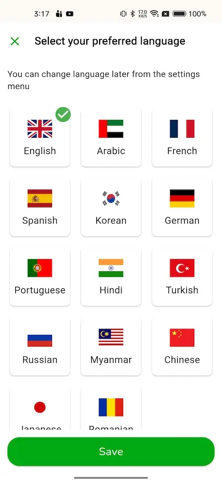Gojek Clone 22 A screenshot of a language selection menu with various flags and text options.
