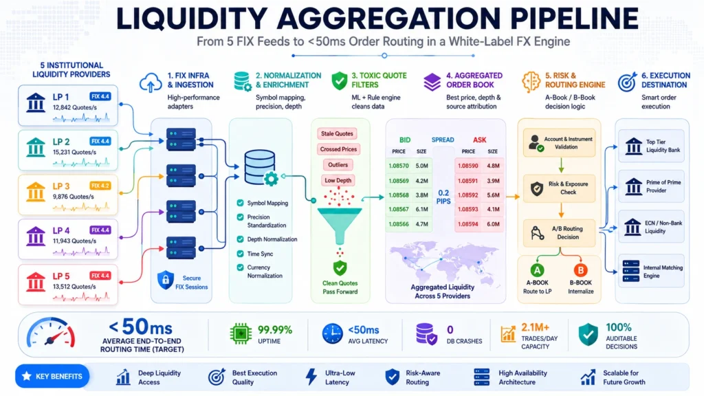 Illustrative 50ms latency budget for Forex order validation, risk checks, liquidity selection, audit logging, and execution dispatch