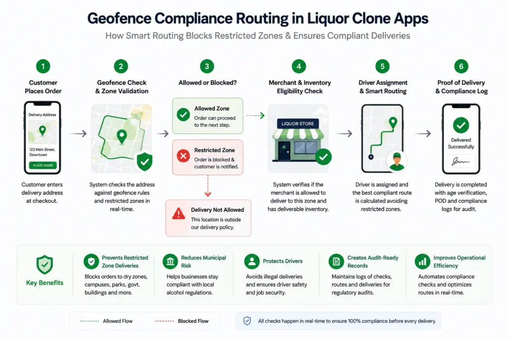 Liquor clone app geofence compliance routing workflow from checkout to proof of delivery