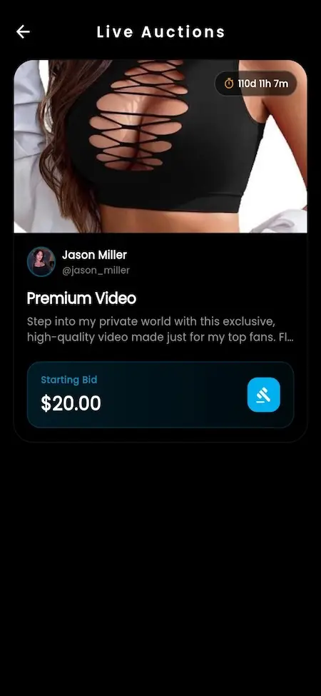 OnlyFans clone live auctions feature with premium content bidding, creator auctions, exclusive video sales, and real-time bidding
