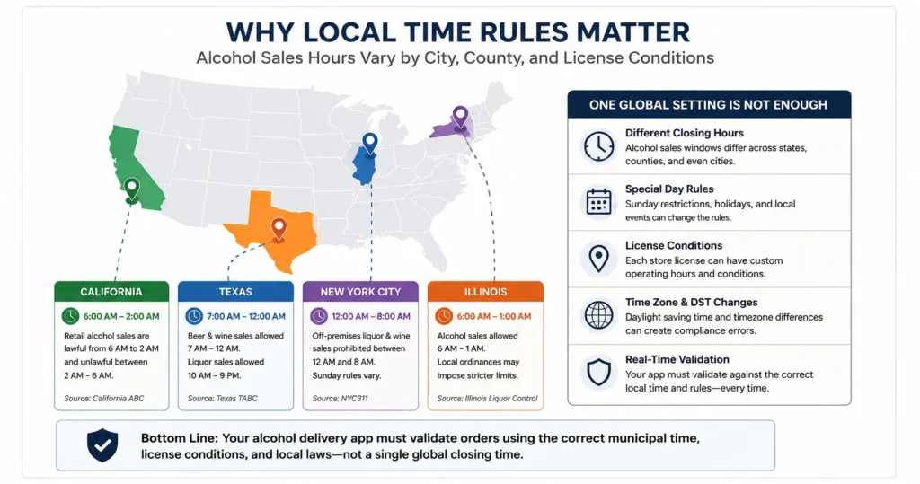 Local alcohol sales time rules mapped for liquor delivery app compliance