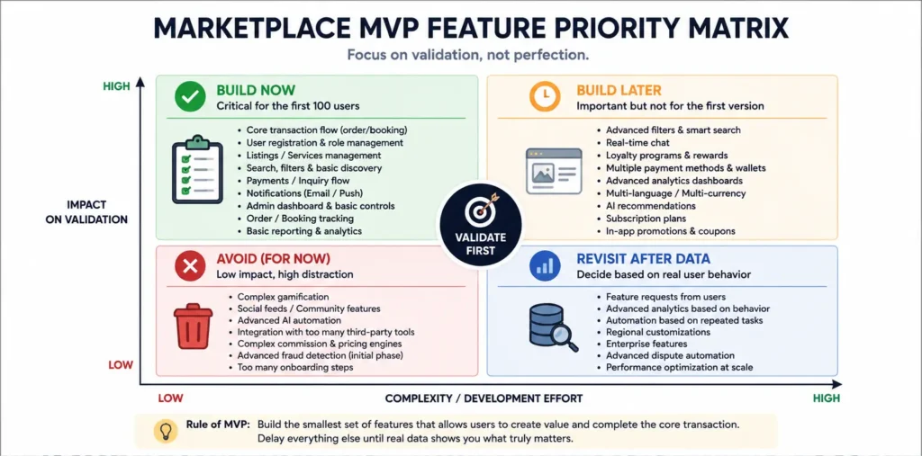 Marketplace MVP feature priority matrix showing what to build now later avoid and revisit after data