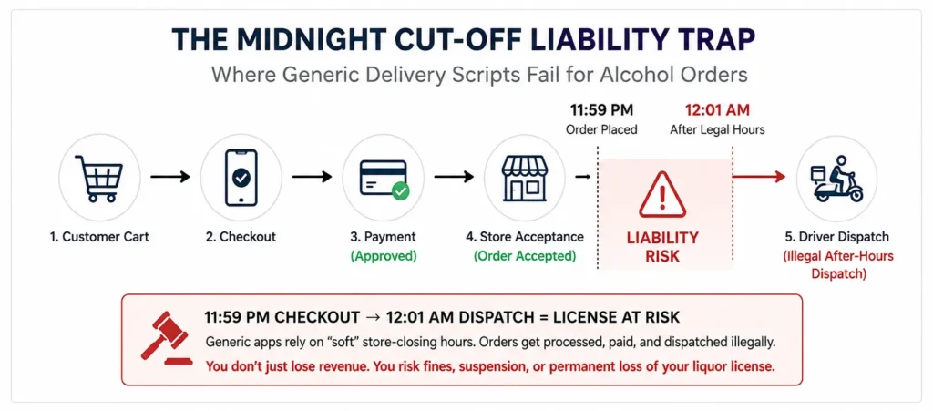 Alcohol delivery app transaction flow showing midnight cut-off liability between checkout and dispatch