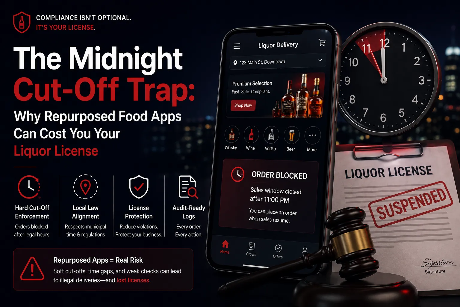 Alcohol delivery app checkout blocked by server-level midnight cut-off transaction lock