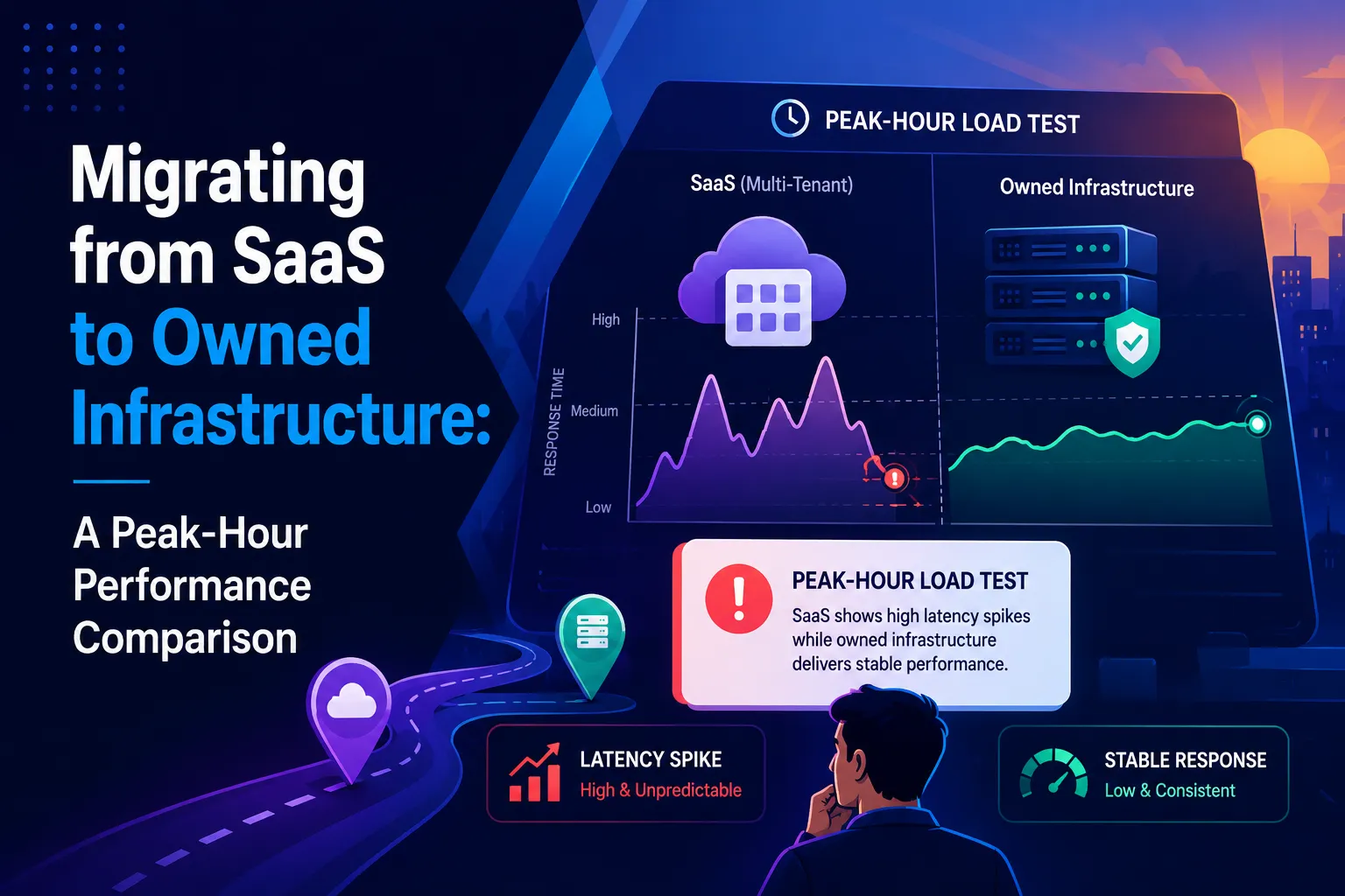 Migrating from SaaS to owned infrastructure comparison showing peak-hour performance, latency spikes, and infrastructure stability
