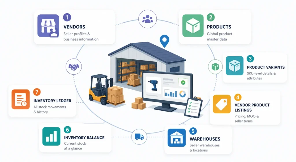 B2B Inventory Module Infographic, demonstrating comprehensive process (Vendor Profile, Product Catalog, Variant Management, Pricing Rules, Warehouse Allocation, Stock Balance & Return Tracking)