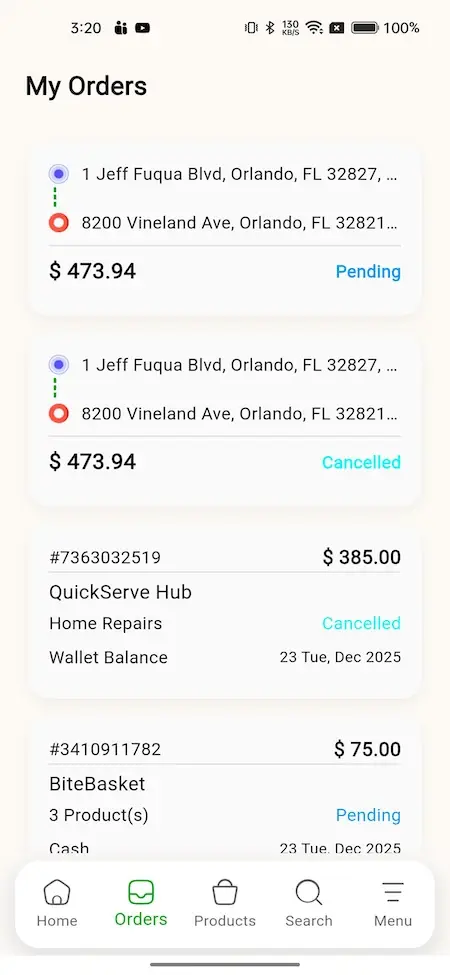Gojek Clone 20 A screenshot of an app showing orders, with a list of pending and cancelled orders.