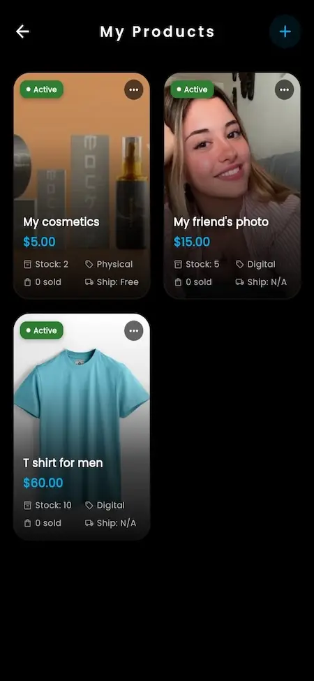 OnlyFans clone creator product management dashboard displaying physical products, digital products, merchandise listings, pricing, inventory management, and creator shop