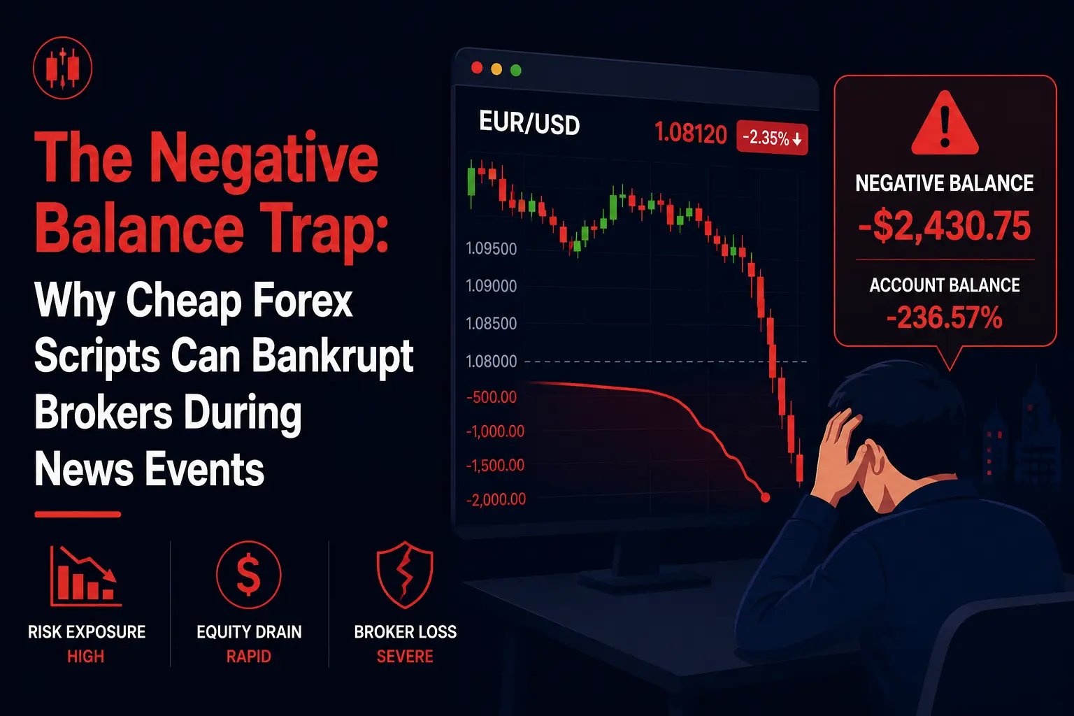 Negative balance trap infographic showing a sharp EUR/USD market crash, high-impact NFP news volatility, negative client account balance, risk exposure, equity drain, and broker loss caused by weak forex trading scripts.
