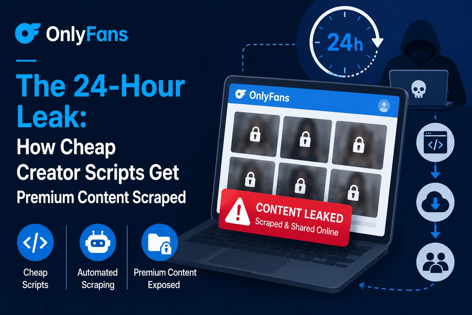 Infographic showing premium creator content leak risks, including cheap scripts, automated scraping, exposed locked media, download abuse, and shared leaked content online.