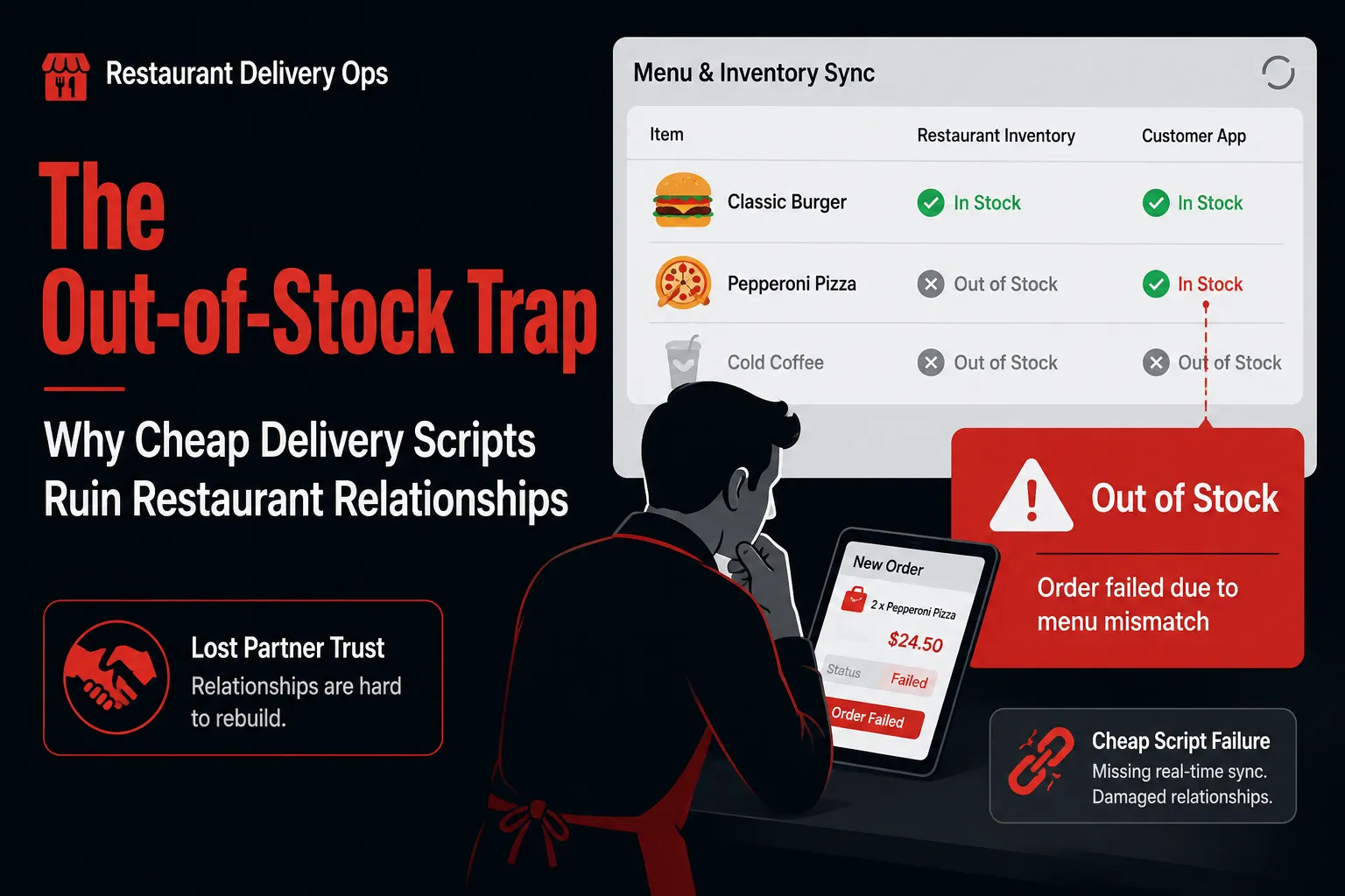 Cheap delivery scripts can create out-of-stock errors, failed orders, and damaged restaurant partner relationships.