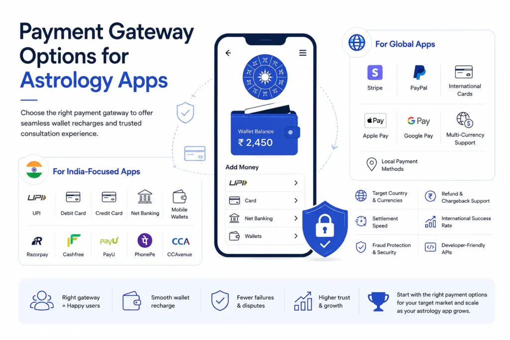 Payment gateway options for astrology apps with wallet recharge and secure payments
