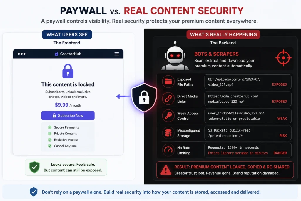 Infographic comparing paywalls with real content security, showing how exposed file paths, direct media links, weak access controls, misconfigured storage, and no rate limiting can lead to premium content leaks.