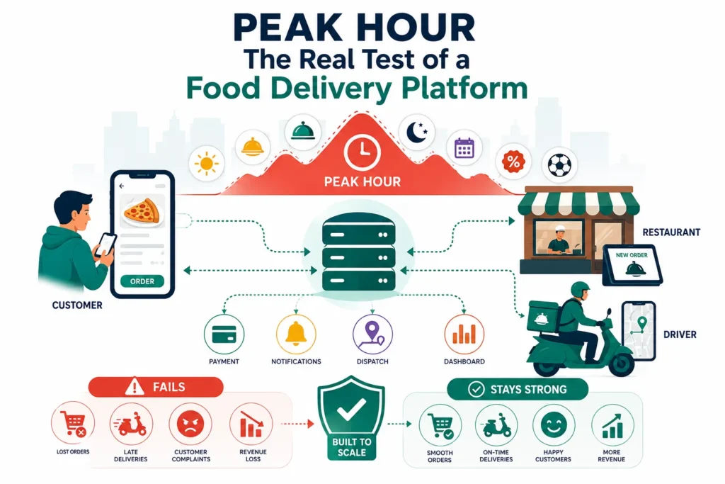 Peak hour food delivery platform performance showing customer orders, restaurant operations, driver dispatch, payments and scalability under high traffic