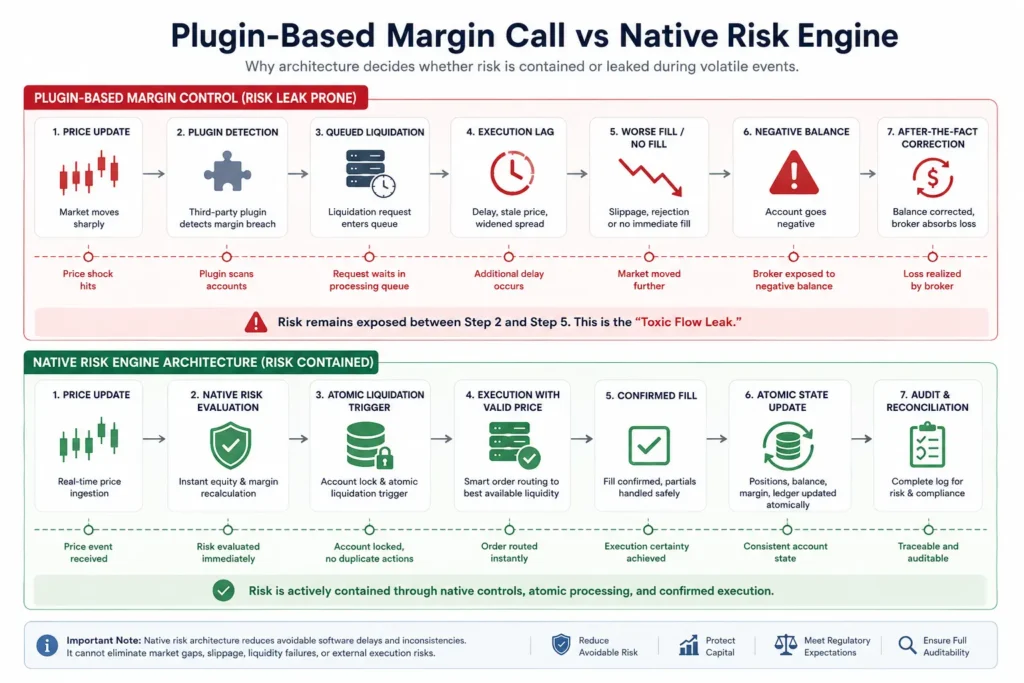 The Negative Balance Trap: Why Cheap Forex Script Can Bankrupt Brokers During News Events 1 Plugin-based margin call versus native risk engine infographic showing price updates, delayed plugin detection, queued liquidation, execution lag, negative balances, atomic risk evaluation, smart order routing, confirmed fills, audit logs, and risk containment.