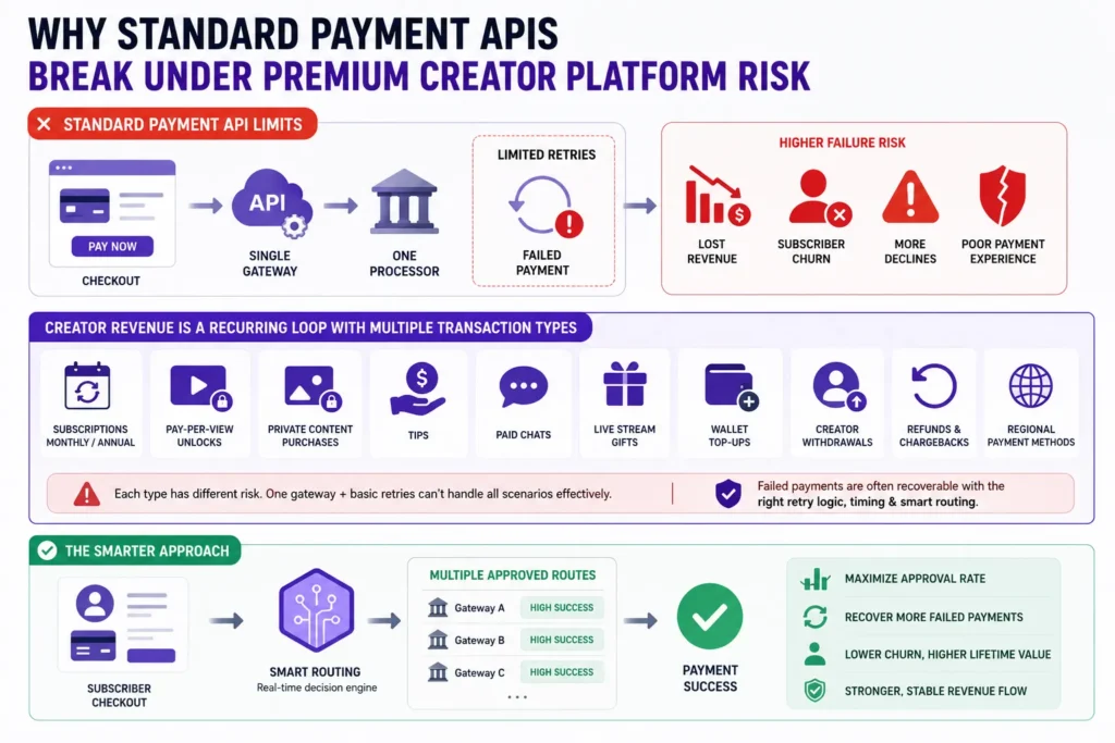 Premium creator platform payment risk and smart payment routing infographic