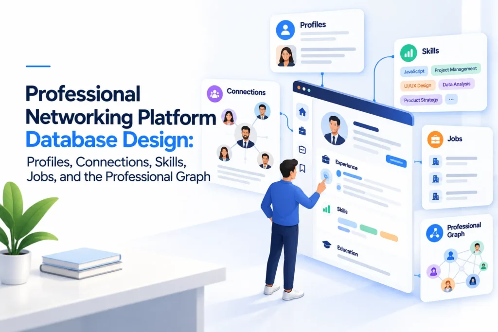 Professional networking platform database design for profiles, connections, skills, jobs, and professional graph