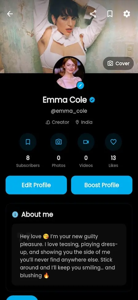 OnlyFans clone creator profile dashboard with subscriber count, media gallery, profile customization, creator statistics, and profile management