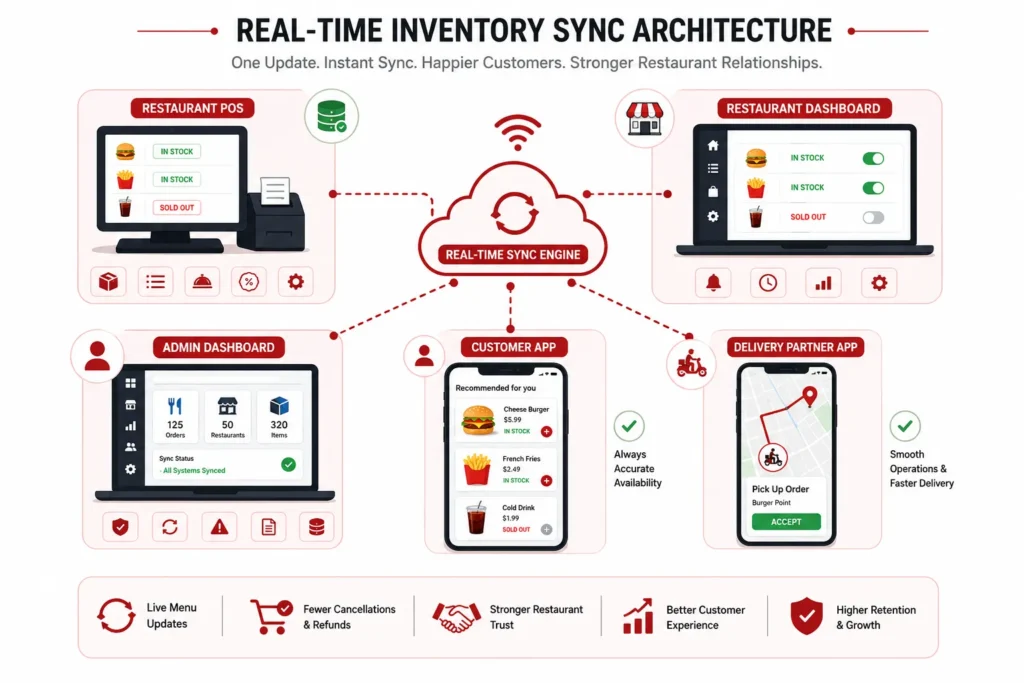 Real-time inventory sync architecture for food delivery platform connecting POS, restaurant dashboard, admin panel, and customer app