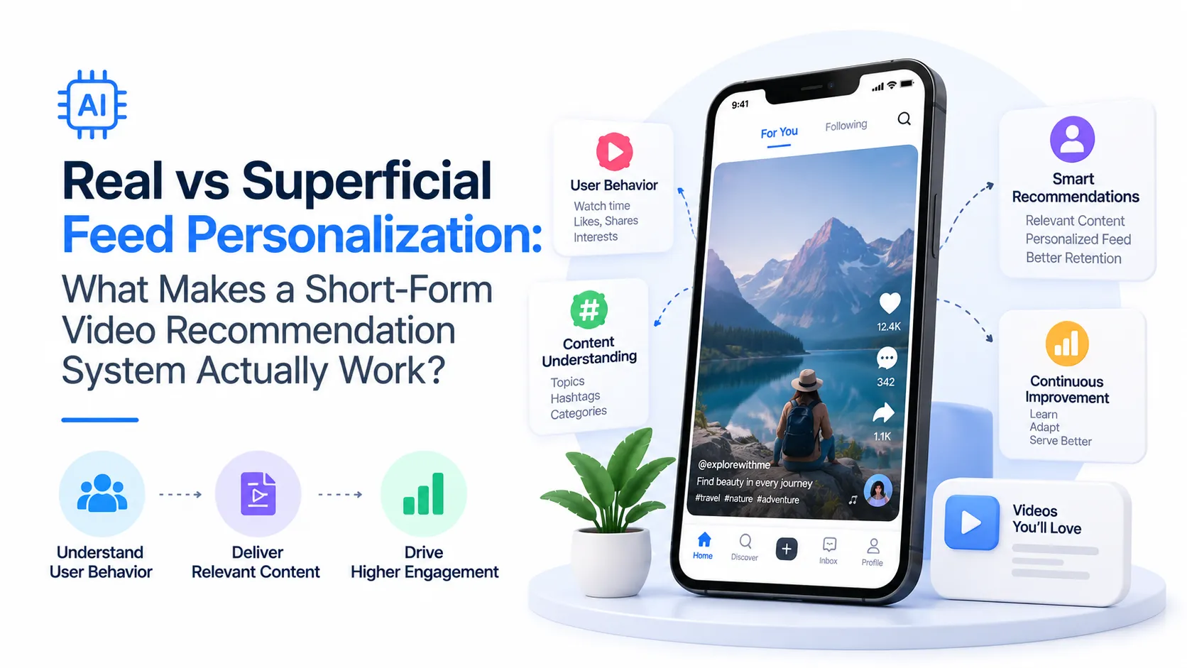 Real vs superficial feed personalization in a short-form video platform using user behavior, watch time, likes, shares, interests, topics, hashtags, and continuous recommendation improvement.
