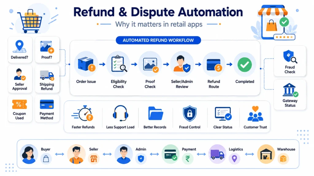 Automated refund and dispute resolution workflow for retail marketplace apps showing refund approval, partial refund processing, manual review, risk detection, and auto-resolution features.