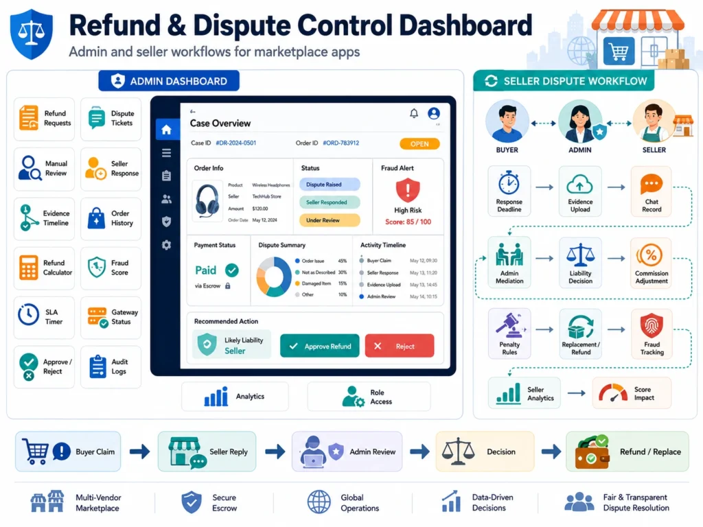 Marketplace refund and dispute control dashboard showing admin review workflows, seller dispute management, fraud scoring, refund approvals, evidence tracking, and dispute resolution processes.