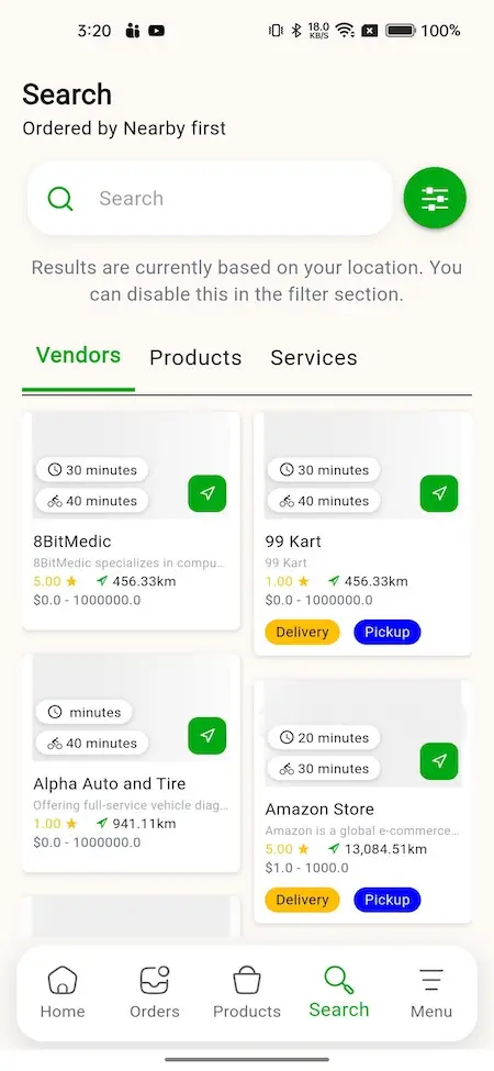 Gojek Clone 17 A screenshot of a mobile app's search results page, displaying various vendors and their products.