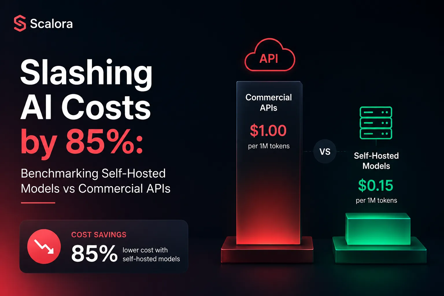 Self-hosted LLM versus commercial API cost benchmark showing an 84.9 percent modeled reduction