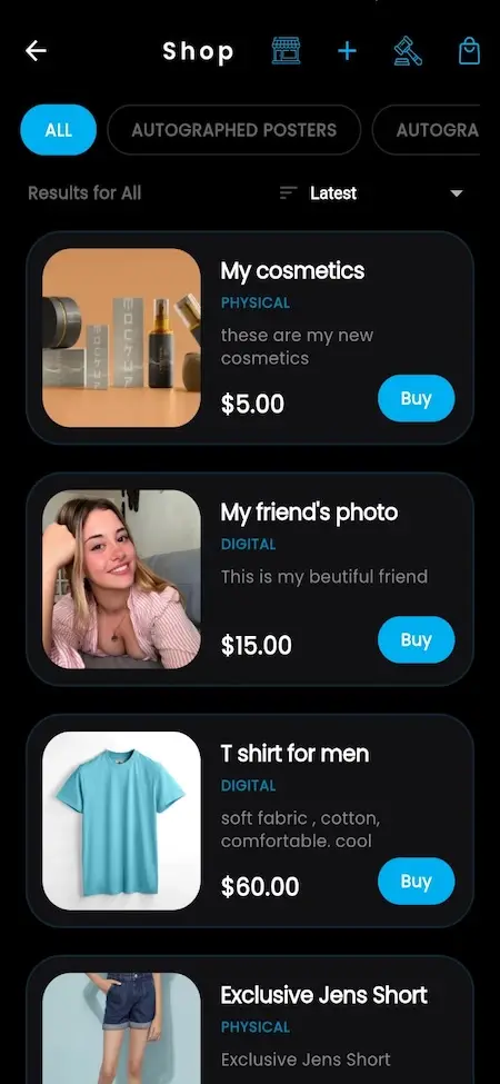 OnlyFans clone creator shop marketplace with physical products, digital downloads, merchandise, and integrated shopping features