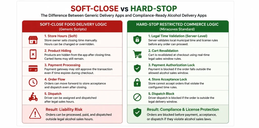 Soft-close food delivery logic compared with server-level hard-stop alcohol delivery compliance controls