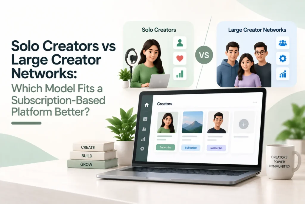 Solo creators vs large creator networks comparison for a subscription-based platform showing creator profiles, community scale, monetization, and platform management