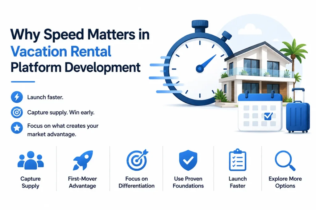 Why speed matters in vacation rental platform development for faster launch, first-mover advantage, differentiation, and market validation.